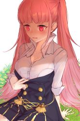 Rule 34 | 1girl, arm support, blunt bangs, bra, bra visible through clothes, breasts, buttons, cleavage, clothes pull, cowboy shot, double-breasted, fire emblem, fire emblem: three houses, flower, garreg mach monastery uniform, grass, highres, hilda valentine goneril, ippers, large breasts, long hair, looking down, nintendo, open mouth, outdoors, pink hair, see-through, shirt, shirt pull, simple background, sitting, solo, sweat, sweaty clothes, taut clothes, taut shirt, twintails, underwear, very long hair, wet, wet clothes, wet shirt, white background