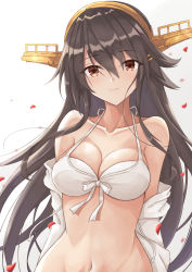Rule 34 | 1girl, bikini, black hair, breasts, brown eyes, cleavage, collarbone, front-tie top, gensoukitan, hairband, halterneck, haruna (kancolle), headgear, highres, jacket, kantai collection, long hair, looking at viewer, medium breasts, open clothes, open jacket, smile, solo, swimsuit, upper body, white bikini, white jacket