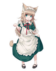 Rule 34 | 1girl, 40hara, alternate costume, animal ears, apron, aqua eyes, blonde hair, bow, cat ears, cat tail, chestnut mouth, enmaided, frilled apron, frills, highres, kinako (40hara), long hair, looking at viewer, maid, maid headdress, name tag, original, oversized clothes, paw pose, red bow, solo, standing, tail, white background