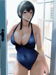 Rule 34 | 1girl, absurdres, areola slip, armpit crease, artist name, bare shoulders, black hair, blue one-piece swimsuit, blush, breasts, cleavage, collarbone, commentary, covered navel, cowboy shot, english commentary, gluteal fold, groin, hairband, highres, large breasts, looking at viewer, mymzi, one-piece swimsuit, open door, parted lips, red eyes, sidelocks, solo, spy x family, steaming body, swimsuit, thighs, twitter username, wet, white hairband, yor briar