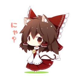 Rule 34 | 1girl, animal ears, bad id, bad pixiv id, bell, beni shake, blush stickers, brown eyes, brown hair, cat ears, cat tail, chibi, detached sleeves, hair tubes, hakurei reimu, kemonomimi mode, looking at viewer, red eyes, ribbon, simple background, solo, tail, tail ornament, tail ribbon, touhou, translated, white background, wide sleeves