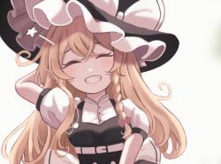 Rule 34 | 1girl, arm up, black vest, blonde hair, blush, bow, breasts, eyelashes, closed eyes, frilled hat, frills, grin, hat, hat bow, kirisame marisa, long hair, maka (user rryf2748), puffy short sleeves, puffy sleeves, short sleeves, simple background, small breasts, smile, star (symbol), touhou, unfinished, very long hair, vest, white background, white bow, witch, witch hat