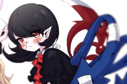 Rule 34 | 1girl, asymmetrical wings, bandaged wings, bandaid, bandaid on cheek, bandaid on face, black hair, black shirt, bleeding, blonde hair, blood, blue wings, bow, bowtie, closed mouth, commentary request, highres, hijiri byakuren, houjuu nue, injury, junko (touhou), long hair, looking at viewer, nosebleed, out of frame, pointy ears, puffy short sleeves, puffy sleeves, red bow, red bowtie, red wings, shirt, short sleeves, simple background, solo focus, touhou, upper body, white background, wings, yuka yukiusa