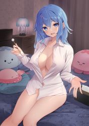 Rule 34 | 1girl, blue eyes, blue hair, breasts, cleavage, collarbone, collared shirt, covered erect nipples, ear picking, hair between eyes, haiyi, highres, indoors, jellyfish, kanpa (campagne 9), lamp, large breasts, long hair, looking at viewer, naked shirt, on bed, open mouth, partially unbuttoned, pillow, shirt, sidelocks, sitting, smile, solo, stuffed animal, stuffed toy, synthesizer v, tissue box, white shirt