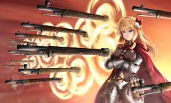 Rule 34 | 1girl, armor, blonde hair, blue eyes, bolt action, breasts, cape, closed mouth, clothing cutout, commission, crossed arms, fate (series), gate of babylon (fate), gauntlets, girls&#039; frontline, gun, hair ornament, haonfest, highres, large breasts, long hair, mosin-nagant, mosin-nagant (blade of white steel) (girls&#039; frontline), mosin-nagant (girls&#039; frontline), navel, navel cutout, official alternate costume, plate armor, pouch, red cape, rifle, smile, solo, too many weapons, weapon