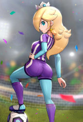 Rule 34 | 1girl, absurdres, alternate costume, ass, ball, blonde hair, blouse, blue eyes, bodystocking, breasts, crown, earrings, from behind, gonzarez, hair over one eye, hand on own hip, highres, jewelry, long hair, looking at viewer, looking down, mario (series), mario strikers: battle league, medium breasts, nintendo, rosalina, shiny clothes, shirt, short shorts, shorts, sideboob, soccer ball, soccer uniform, solo, sportswear, striped clothes, striped shirt