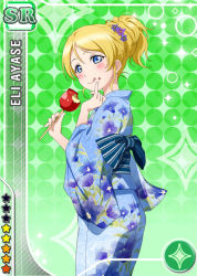Rule 34 | 10s, 1girl, ayase eli, blonde hair, blue eyes, blush, candy apple, card (medium), character name, eating, flower, food, food on face, hair flower, hair ornament, japanese clothes, kimono, licking, love live!, love live! school idol festival, love live! school idol project, official art, ponytail, solo, tongue, tongue out