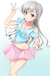 Rule 34 | 1girl, absurdres, asymmetrical bangs, bare shoulders, blue shirt, bow, braid, breasts, cleavage, collarbone, curly hair, double v, feet out of frame, french braid, frilled shirt collar, frills, gradient background, grey eyes, grey hair, grin, groin, hands up, highres, hisakawa hayate, idolmaster, idolmaster cinderella girls, long hair, looking at viewer, medium breasts, midriff, miniskirt, navel, oscar 08, pink skirt, pleated skirt, pom pom (clothes), print shirt, red bow, shirt, short sleeves, skirt, smile, solo, teeth, text print, tied shirt, v