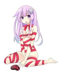 Rule 34 | 10s, 1girl, blush, bow, candy, chocolate, chocolate heart, d-pad, food, gift, gift wrapping, hair ornament, heart, long hair, looking at viewer, naked ribbon, nepgear, neptune (series), nude, open mouth, purple eyes, purple hair, ribbon, solo, valentine, wrapped up