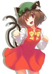 Rule 34 | 1girl, animal ear fluff, animal ears, bad id, bad pixiv id, bow, bowtie, brown hair, cat ears, cat tail, chen, commentary, cowboy shot, dress, earrings, fang, gold, green hat, hat, highres, jewelry, long sleeves, looking at viewer, mob cap, multiple tails, nekomata, open mouth, paw pose, red dress, red eyes, shirt, short hair, simple background, single earring, solo, tail, touhou, two tails, white background, white shirt, yani (nokori life1), yellow bow