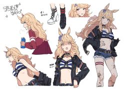 Rule 34 | 1girl, animal ears, asymmetrical footwear, belt, blonde hair, blue eyes, blue nails, bottle, bow, breasts, character name, choker, crop top, denim, denim shorts, dirty, gold city (umamusume), hair bow, hand on own hip, highres, holding, holding bottle, horse ears, horse girl, jacket, jacket partially removed, long hair, long sleeves, medium breasts, midriff, multicolored nails, multiple views, nail polish, navel, no tail, open clothes, open jacket, open mouth, red nails, shaded face, shoes, short shorts, shorts, smile, teshima nari, track suit, umamusume