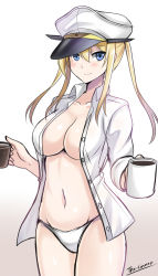 Rule 34 | 10s, 1girl, artist name, blonde hair, blue eyes, blush, breasts, cleavage, closed mouth, collarbone, collared shirt, cup, dress shirt, english text, eyebrows, gradient background, graf zeppelin (kancolle), groin, hair between eyes, hat, highres, holding, kantai collection, large breasts, long hair, long sleeves, looking at viewer, medium breasts, mug, navel, no pants, open clothes, open shirt, panties, peaked cap, shirt, sketch, smile, solo, standing, the-sinner, tsurime, underwear, white panties, wing collar