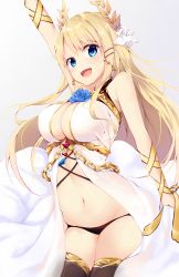 Rule 34 | 1girl, :d, arm up, azur lane, bare shoulders, black panties, black thighhighs, blonde hair, blue eyes, blue flower, breasts, center opening, cleavage, cowboy shot, dress, flower, hair ornament, hairclip, highres, large breasts, laurel crown, long hair, looking at viewer, navel, open mouth, panties, rose, smile, solo, standing, stomach, t-bth, thighhighs, thighs, underwear, victorious (azur lane), white dress