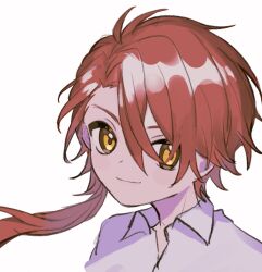 Rule 34 | 1boy, aged down, cain knightley, child, closed mouth, highres, long hair, looking at viewer, low ponytail, mahoutsukai no yakusoku, male focus, piza-chan, red hair, shirt, sketch, smile, solo, white background, white shirt, yellow eyes