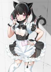 Rule 34 | 1girl, absurdres, animal ears, apron, bandaid, bandaid on hand, black hair, black mask, black skirt, blunt bangs, bow, cat ears, cat tail, choppy bangs, collared shirt, contrapposto, ear chain, ear covers, ear piercing, fake animal ears, fingernails, framed breasts, frilled skirt, frills, garter straps, hand on own hip, highres, indie virtual youtuber, looking at viewer, maid, maid headdress, mask, mask pull, medium hair, miniskirt, mouth mask, multicolored hair, multiple piercings, nail polish, name tag, official alternate costume, open mouth, pasties, piercing, pink eyes, pink hair, red nails, rikotan (vtuber), rikotan (vtuber) (2nd costume), ritohasu 0522, see-through, see-through silhouette, see-through skirt, shirt, simple background, single garter strap, skindentation, skirt, solo, streaked hair, tail, tail bow, tail ornament, twintails, underbust, undershirt, virtual youtuber, waist apron, white apron, wolf tail, wrist cuffs