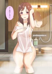Rule 34 | 1girl, absurdres, blush, breasts, brown hair, cleavage, covering breasts, covering privates, hand in own hair, highres, kitazawa (embers), large breasts, long hair, looking at viewer, mirror, nude, nude cover, onsen, open clothes, original, purple eyes, reflection, see-through, sitting, solo, towel