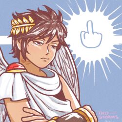 ancient_greek_clothes angel angel_wings annoyed artist_name bracer brown_eyes brown_hair brown_outline chiton closed_mouth crossed_arms emoji feathered_wings greco-roman_clothes highres image_in_thought_bubble kid_icarus kid_icarus_uprising laurel_crown lower_eyelashes_only male_focus middle_finger_emoji neck_tattoo nintendo outline pit_(kid_icarus) speech_bubble spiked_hair tattoo thinking_emoji thought_bubble tko-storms v-shaped_eyebrows white_wings wings