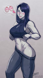 Rule 34 | 1girl, :p, arcane: league of legends, arcane caitlyn, artist name, bare arms, bare shoulders, black hair, black pants, black shirt, blush, breasts, caitlyn (league of legends), clothes lift, clothes pull, colored skin, commentary, english commentary, grey background, grey eyes, grey skin, highres, iahfy, league of legends, long hair, looking at viewer, medium breasts, naughty face, navel, pants, pants pull, patreon username, shirt, shirt lift, simple background, sleeveless, sleeveless shirt, smile, solo, spoken object, stomach, tongue, tongue out, turtleneck, twitter username