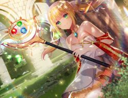 Rule 34 | 1girl, against tree, artist name, bad id, bad pixiv id, blonde hair, blunt bangs, breasts, choker, cleavage, commentary, day, dress, ecu8080, floating hair, gold trim, green eyes, highres, holding, holding staff, long hair, medium breasts, original, outdoors, revision, short dress, sitting, sleeveless, sleeveless dress, smile, solo, sparkle, staff, strapless, strapless dress, tree, twintails, white dress