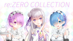 Rule 34 | 3girls, :d, asymmetrical bangs, black ribbon, black sleeves, blue eyes, blue hair, blunt bangs, breasts, checkered background, cleavage, closed mouth, clothing cutout, copyright name, dollar sign, emilia (re:zero), eyes visible through hair, female focus, floating hair, flower, hair between eyes, hair flower, hair ornament, hair over one eye, hair ribbon, highres, holding, holding plate, long hair, long sleeves, looking at viewer, matching hair/eyes, medium breasts, multiple girls, neck ribbon, open mouth, pink eyes, pink hair, pink ribbon, plate, purple eyes, purple ribbon, ram (re:zero), re:zero kara hajimeru isekai seikatsu, rem (re:zero), ri qing, ribbon, ribbon-trimmed sleeves, ribbon trim, short hair, shoulder cutout, siblings, silver hair, sisters, small breasts, smile, twins, upper body, white background, white flower, wide sleeves, x hair ornament