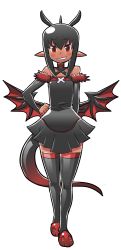 Rule 34 | 1girl, aku-yome, antenna hair, backless outfit, bad id, bad tumblr id, bare shoulders, black thighhighs, blush, choker, dark-skinned female, dark skin, demon girl, demon wings, detached sleeves, flat chest, fur trim, grin, hand on own hip, highres, matsuda yuusuke, mini wings, original, pleated skirt, pointy ears, red eyes, revision, ringed eyes, skirt, slippers, smile, solo, tail, thighhighs, white background, wings