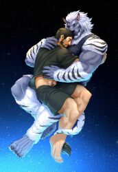 Rule 34 | 2boys, bara, barefoot, beard, black hair, black shorts, black tank top, closed eyes, closed mouth, couple, final fantasy, final fantasy xiv, fliegen80s, from above, full beard, full body, furry, furry male, furry with non-furry, highres, hrothgar, hug, hyur, interspecies, large pectorals, lion boy, lion tail, male focus, male pubic hair, mature male, multiple boys, muscular, muscular male, pectorals, pubic hair, pubic hair peek, short hair, shorts, smile, tail, tail around another&#039;s leg, tank top, thick eyebrows, warrior of light (ff14), yaoi