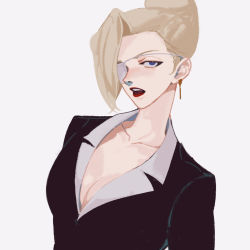 Rule 34 | 1girl, bandage over one eye, bandages, black suit, blonde hair, blue eyes, breasts, cleavage, collarbone, earrings, eyepatch, formal, hair over one eye, hexermer, high ponytail, highres, jacket, jewelry, mature (kof), open mouth, parted lips, ponytail, solo, suit, the king of fighters, the king of fighters xiii, upper body