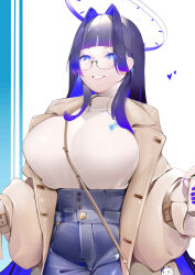 Rule 34 | 1girl, absurdres, bag, blue eyes, blue hair, blue nails, blue pants, blunt bangs, boros (ouro kronii), breasts, brown coat, coat, colored inner hair, denim, fang, fingernails, glasses, hair intakes, halo, handbag, heart, high-waist pants, highres, holding, hololive, hololive english, huge breasts, jeans, long hair, long sleeves, looking at viewer, mechanical halo, meoniac, multicolored hair, nail polish, official alternate costume, official alternate hairstyle, open clothes, open coat, ouro kronii, ouro kronii (casual), pants, semi-rimless eyewear, shirt, simple background, smile, solo, trench coat, turtleneck, two-tone hair, under-rim eyewear, very long hair, virtual youtuber, white background, white shirt