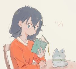Rule 34 | 1girl, alternate costume, black hair, blue eyes, blush, book, chair, commentary request, glasses, highres, kaban (kemono friends), kemono friends, long sleeves, lucky beast (kemono friends), reading, red sweater, short hair, sitting, solo, sweater, table, wamawmwm