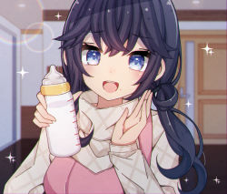 Rule 34 | 1girl, :d, apron, baby bottle, black hair, blue eyes, blurry, blurry background, blush, bottle, brown shirt, depth of field, door, hair between eyes, hands up, highres, holding, holding bottle, indoors, izumo kasumi (nijisanji), long hair, long sleeves, looking at viewer, nijisanji, open mouth, pink apron, sapphire (sapphire25252), shirt, sleeves past wrists, smile, solo, sparkle, teeth, upper body, upper teeth only, virtual youtuber
