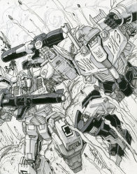 Rule 34 | 2boys, alex milne, arm cannon, autobot, clenched hands, commission, dated, decepticon, explosion, fighting, gun, highres, holding, holding gun, holding weapon, looking down, mecha, megatron, monochrome, multiple boys, no humans, open mouth, optimus prime, robot, the transformers (idw), traditional media, transformers, weapon, white eyes