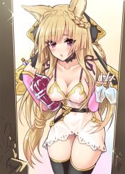 Rule 34 | 10s, 1girl, animal ears, babydoll, bare shoulders, black thighhighs, blonde hair, blush, bottle, breasts, cleavage, collarbone, covered erect nipples, covered navel, cup, drinking glass, erune, granblue fantasy, long hair, looking at viewer, open mouth, pink eyes, solo, thighhighs, urabi (tomatohouse), very long hair, wine bottle, wine glass, yuisis (granblue fantasy)