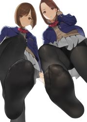 Rule 34 | 2girls, beige sweater, black legwear, blazer, blue jacket, blush, brown eyes, brown hair, buttons, crotch seam, feet, female focus, foot focus, forehead, from below, grey skirt, hand in own hair, highres, jacket, legs, long hair, looking at viewer, multiple girls, no shoes, open mouth, original, pantyhose, parted bangs, pleated skirt, red neckwear, school uniform, short hair, simple background, skirt, soles, swept bangs, thighband pantyhose, thighs, upskirt, white background, yomu (sgt epper)