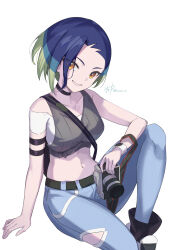 Rule 34 | 1girl, arm support, belt, black belt, blue hair, brown eyes, camera, commentary request, creatures (company), denim, game freak, grey vest, highres, holding, holding camera, invisible chair, jeans, namiura, navel, nintendo, off-shoulder shirt, off shoulder, pants, perrin (pokemon), pokemon, pokemon sv, shirt, short hair, sitting, smile, solo, vest, watch, white shirt, wristwatch