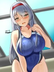 Rule 34 | black one-piece swimsuit, blue one-piece swimsuit, blush, breasts, competition swimsuit, hairband, headband, highres, kantai collection, large breasts, long hair, looking at viewer, montemasa, multicolored clothes, multicolored swimsuit, one-piece swimsuit, open mouth, red headband, rei no pool, shoukaku (kancolle), smile, swimsuit, wet, wet clothes, wet swimsuit, white hair, window, yellow eyes
