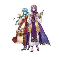 Rule 34 | 1boy, 1girl, absurdres, aqua hair, basket, bottle, breasts, cape, chalice, circlet, commentary request, cup, dress, eirika (fire emblem), eirika (valentine) (fire emblem), fire emblem, fire emblem: the sacred stones, fire emblem heroes, flower wreath, head wreath, highres, holding, holding basket, holding bottle, juliet sleeves, long sleeves, looking at viewer, lyon (fire emblem), lyon (valentine) (fire emblem), medium breasts, medium hair, nintendo, official alternate costume, official art, parted lips, puffy sleeves, purple cape, purple hair, purple robe, red dress, robe, short hair, smile, tachi-e, white background, wine bottle