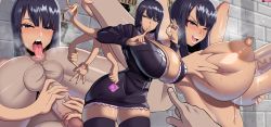 Rule 34 | 1boy, 1girl, absurdres, anilingus, anus, black hair, blue eyes, blush, breasts, condom, extra arms, hana hana no mi, highres, huge breasts, looking at viewer, multiple arms, nico robin, nipples, oil, one piece, paizuri, penis, steve chopz, testicles, wanted poster