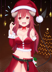 1girl adapted_costume bare_shoulders belt belt_buckle black_belt blush bow box breasts brown_eyes brown_hair buckle choker christmas cleavage collarbone commentary_request crop_top curled_horns demon_girl demon_horns demon_tail detached_sleeves fang flying_sweatdrops fur-trimmed_headwear fur_trim gift gift_box gluteal_fold hair_between_eyes hand_up hat horns juliet_sleeves long_hair long_sleeves machikado_mazoku medium_breasts midriff navel o-ring o-ring_belt open_mouth puffy_sleeves red_bow red_choker red_hat red_sleeves santa_costume santa_hat solo star_(symbol) tail thigh_gap very_long_hair wavy_mouth yoshida_yuuko_(machikado_mazoku) yutsuki_warabi