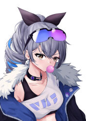 Rule 34 | 1girl, absurdres, black choker, black ribbon, blowing bubbles, breasts, choker, commentary, crop top, drill hair, eyewear on head, fur-trimmed jacket, fur trim, grey eyes, grey hair, hair between eyes, hair ribbon, highres, honkai: star rail, honkai (series), jacket, long hair, looking at viewer, medium breasts, midriff, open clothes, open jacket, ponytail, ribbon, shirt, silver wolf (honkai: star rail), simple background, single-shoulder shirt, solo, sunglasses, upper body, v-shaped eyebrows, vect, white background, white shirt