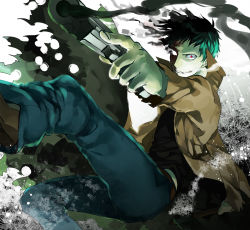 Rule 34 | 1boy, coat, green hair, gun, kuro no haijin, male focus, one-punch man, red eyes, smirk, smoke, solo, weapon, zombieman