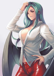 Rule 34 | 1girl, bat wings, breasts, buttons, casual, cleavage, collarbone, collared shirt, contrapposto, cowboy shot, dantewontdie, dress shirt, green hair, grin, hand in own hair, hand on own hip, highres, large breasts, leather, leather pants, long hair, long sleeves, low wings, morrigan aensland, nail polish, navel, no bra, pants, parted lips, pink eyes, red nails, red pants, shirt, sidelocks, smile, solo, standing, teeth, tsurime, vampire (game), very long hair, wings