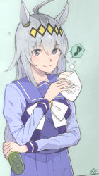 Rule 34 | 1girl, ahoge, animal ears, aqua background, baozi, blue eyes, blue sailor collar, blue shirt, blue skirt, bow, bowtie, breasts, closed mouth, collarbone, commentary request, cowboy shot, ear ornament, eighth note, eyelashes, eyes visible through hair, food, food request, grey hair, hair between eyes, hair ornament, hands up, hatching (texture), high-waist skirt, highres, holding, holding food, horse ears, horse girl, horse tail, horseshoe ornament, long hair, long sleeves, looking at viewer, medium breasts, multicolored hair, musical note, oguri cap (umamusume), paayan (hagakinorock54), parted bangs, pleated skirt, puffy long sleeves, puffy sleeves, sailor collar, school uniform, serafuku, shirt, shirt tucked in, signature, simple background, sketch, skirt, sleeve cuffs, smile, solo, spoken musical note, standing, streaked hair, tail, two-tone hair, umamusume, very long hair, white bow, white bowtie