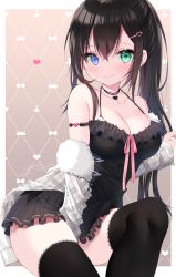 Rule 34 | 1girl, bare shoulders, black choker, black dress, black hair, blue eyes, blush, breasts, choker, cleavage, closed mouth, commentary request, dress, frilled dress, frills, fur-trimmed jacket, fur trim, green eyes, hair between eyes, halter dress, halterneck, heterochromia, highres, jacket, lace, lace-trimmed legwear, lace trim, long hair, looking at viewer, medium breasts, off shoulder, open clothes, open jacket, original, plaid, plaid jacket, simple background, sleeveless, sleeveless dress, smile, solo, thighhighs, white jacket, yoruhoshi owl