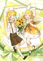 Rule 34 | 1boy, 1girl, absurdres, ahoge, anniversary, bare arms, birthday card, black footwear, blonde hair, blush, bon bon eee, bouquet, bow, brother and sister, brown footwear, brown shorts, collared shirt, dress, fake wings, flat chest, flower, frilled socks, frills, green eyes, grey sailor collar, hair bow, hair ornament, hairclip, half-closed eyes, happy, happy birthday, highres, holding, holding bouquet, holding flower, kagamine len, kagamine rin, korean text, lace, lace-trimmed socks, looking at viewer, mary janes, necktie, open mouth, orange dress, orange necktie, rose, sailor collar, shirt, shoes, short necktie, short ponytail, short sleeves, shorts, siblings, smile, socks, sunflower, suspenders, swept bangs, twins, vocaloid, white bow, white socks, wing collar, wings, yellow flower, yellow nails, yellow rose