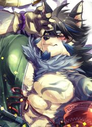 Rule 34 | 1boy, abs, animal ears, bara, bare pectorals, beige fur, blush, bow, bowtie, brown hair, chest hair, facial hair, fang, fluffy, furry, furry male, goatee, green kimono, hadanugi dousa, hair between eyes, japanese clothes, kimono, long hair, looking at viewer, male focus, mature male, muscular, muscular male, ohayashi55, open kimono, pectorals, single bare shoulder, solo, stomach, temujin (housamo), tokyo houkago summoners, upper body, wet, wolf boy, wolf ears
