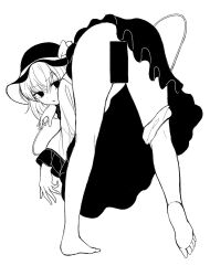 Rule 34 | 1girl, ass, bar censor, bare legs, barefoot, black eyes, blouse, bottomless, bow, censored, commentary, feet, frilled sleeves, frills, greyscale, hair between eyes, hat, hat bow, komeiji koishi, long sleeves, looking at viewer, looking back, monochrome, panties, panties around leg, shirt, short hair, simple background, skirt, solid oval eyes, solo, string, thick thighs, thighs, touhou, underwear, white background, yonoisan