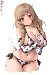 Rule 34 | 1girl, animal print, bikini, blush, braid, breasts, cleavage, collarbone, cow print, cropped legs, ebifurya, elbow gloves, gloves, groin, highres, kantai collection, large breasts, light brown hair, long hair, minegumo (kancolle), navel, one-hour drawing challenge, open mouth, red eyes, simple background, solo, swimsuit, twin braids, twitter username, white background, white bikini, white gloves