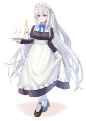 Rule 34 | 1girl, alcohol, alternate costume, apron, black dress, black footwear, blue eyes, bomberca309, closed mouth, commentary request, cup, dress, drinking glass, enmaided, fate/grand order, fate (series), full body, grey hair, hair between eyes, highres, holding, holding tray, juliet sleeves, long hair, long sleeves, looking at viewer, maid, maid headdress, morgan le fay (fate), pantyhose, ponytail, puffy sleeves, shoes, sidelocks, simple background, skirt hold, smile, solo, tray, very long hair, waist apron, white apron, white background, white pantyhose