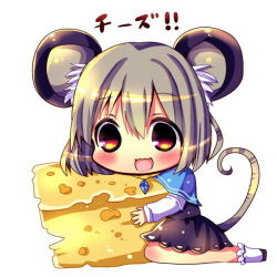 Rule 34 | 1girl, animal ears, cheese, chibi, chocolat (momoiro piano), grey hair, mouse ears, mouse tail, nazrin, red eyes, short hair, solo, tail, touhou