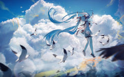 Rule 34 | 1girl, arms behind back, back bow, bare legs, bird, black footwear, black shorts, blouse, blue hair, blue sky, blue theme, blurry, blurry background, bokeh, bow, cloud, cloudy sky, cumulonimbus cloud, day, depth of field, dutch angle, facing away, floating hair, from behind, hair ribbon, hatsune miku, highres, konya karasue, light particles, long hair, outdoors, red bow, red ribbon, reflection, ribbon, ripples, seagull, see-through, see-through shirt, sekiranun graffiti (vocaloid), shirt, shoes, short sleeves, shorts, sky, solo, standing, standing on liquid, striped ribbon, twintails, very long hair, vocaloid, water, water drop, water surface, water world, white shirt, wide shot